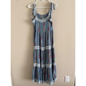 Sunshine Tienda Blue Floral Striped Tiered Midi Dress Tie Shoulder Womens M/L